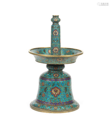 68.2cm (26 7/8in) high.  A very rare and large cloisonné enamel and gilt-bronze candlestick  Qianlong four-character mark and of the period