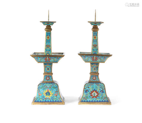 Qianlong  A pair of cloisonné enamel pricket candlesticks