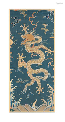 Kangxi A very large and Imperial midnight-blue-ground silk embroidered 'dragon' panel