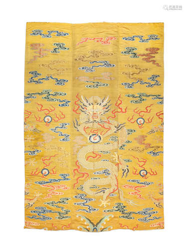 Qianlong An exceptionally large and rare Imperial yellow-ground embroidered silk 'dragon' panel