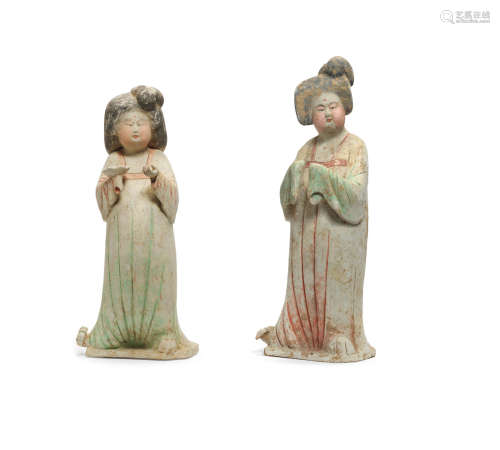 Tang Dynasty Two painted pottery figures of court ladies
