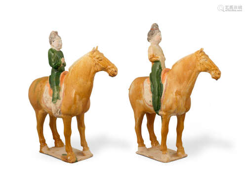 Tang Dynasty  A pair of sancai-glazed pottery horses and riders