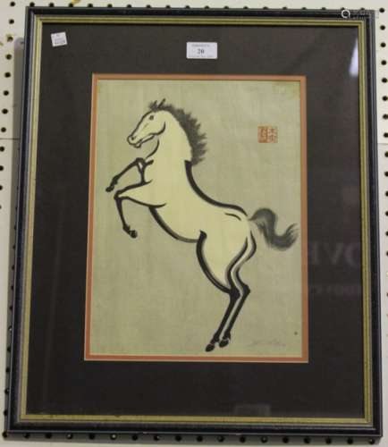 Urushibara Mokuchu - Prancing Horse, 20th century colour woodblock, signed in pencil, 34cm x 25cm,