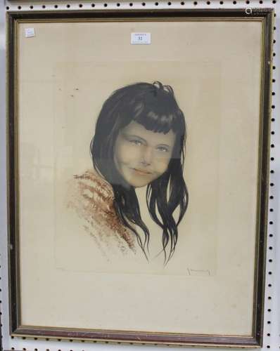 Roger Hebbelinck - Gina (Portrait of a Young Girl), 20th century etching with aquatint, signed and