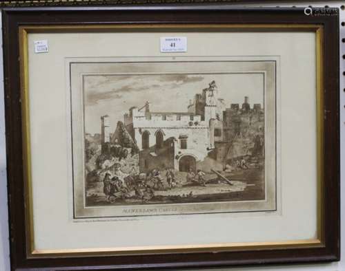 Paul Sandby - 'Manerbawr Castle from the Inward Court', etching with aquatint in sepia ink,