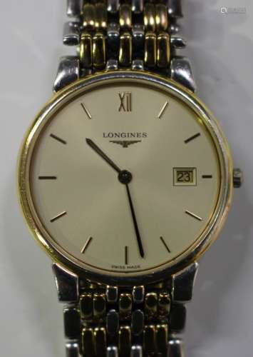A Longines gilt metal and stainless steel gentleman's bracelet wristwatch, the signed silvered