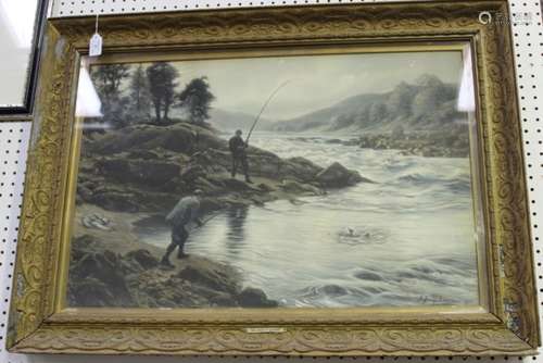 Herbert Sedcole, after Joseph Farquharson - Salmon Fishing on the River Dee, engraving with