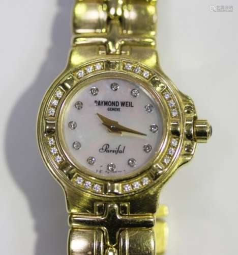 A Raymond Weil Parsifal 18ct gold and diamond set lady's bracelet wristwatch, the signed mother-of-