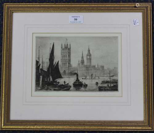 Ernest Llewellyn Hampshire - The Palace of Westminster from the Thames, 20th century etching, signed