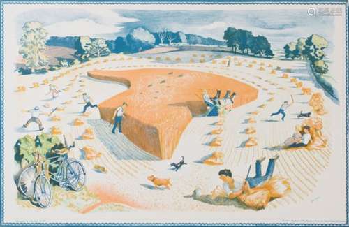 John Nash - Harvesting, colour lithograph, printed by the Baynard Press and published by School