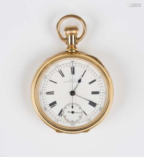 A gold cased keyless wind open-faced centre-stop-seconds gentleman's pocket watch, the gilt jewelled