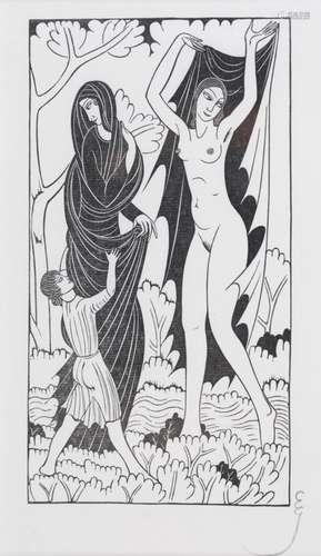 Eric Gill - 'Nature and Nakedness', woodcut, circa 1930, signed with initials in pencil recto,