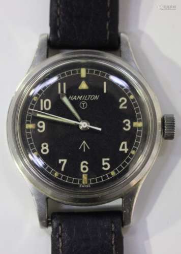 A Hamilton MoD issue steel cased gentleman's wristwatch, the signed black dial with Arabic numerals,