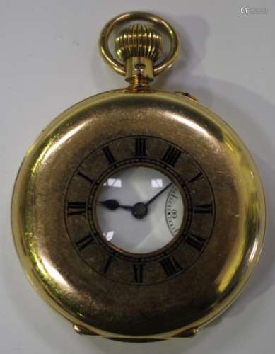 An 18ct gold keyless wind half-hunting cased gentleman's pocket watch, the three-quarter plate
