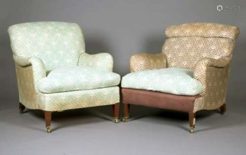 A near pair of Howard scroll back armchairs, both upholstered in 'H & S' monogrammed ticking, one
