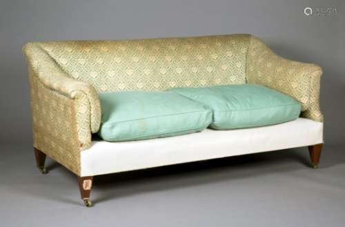 A Howard scroll arm two-seat settee, probably by Lenygon & Morant, partially upholstered in 'H &