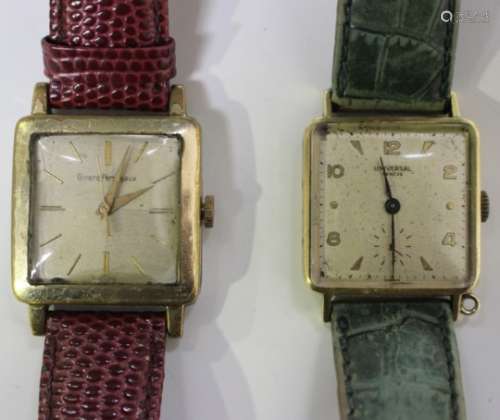 A Universal Genève 18ct gold square cased wristwatch with signed jewelled circular movement, the