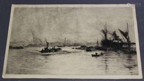 William Lionel Wyllie - Thames Lightermen, early 20th century etching on vellum, signed in pencil,