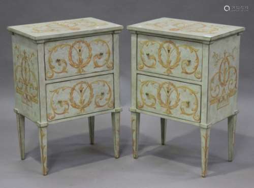 A pair of late 20th century Italianate pale green painted bedside chests, each decorated with