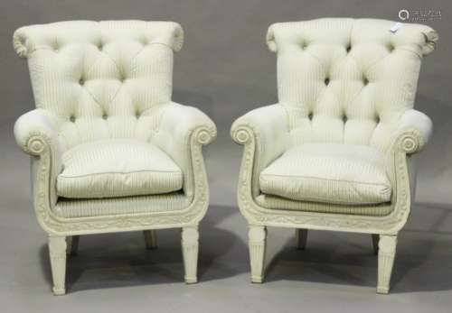A pair of modern Regency style white painted tub back armchairs, upholstered in striped silk, the