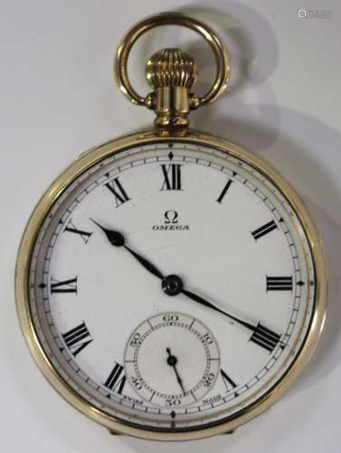 An Omega gilt metal cased keyless wind open-faced gentleman's pocket watch, circa 1930, the gilt