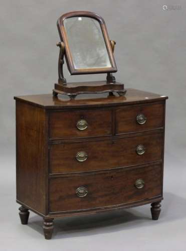 An early Victorian mahogany bowfront chest of two short and two long drawers, on turned feet, height