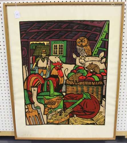 Kenn Burrows - Barn Interior, 20th century colour silkscreen, signed, dated '72 and editioned 68/250