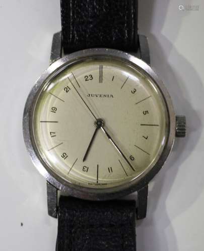 A Juvenia Automatic steel cased gentleman's twenty-four hour wristwatch, the signed silvered dial