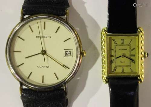 A Bucherer Quartz steel and gilt metal cased gentleman's wristwatch, the signed cream coloured