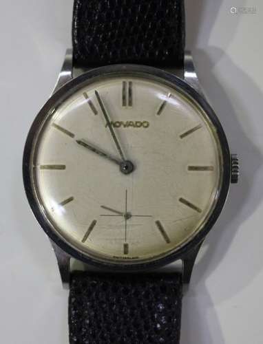 A Movado steel cased gentleman's wristwatch, the signed silvered dial with baton hour markers and