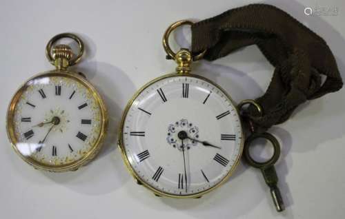 A gold cased keywind open-faced lady's fob watch with cylinder movement, gilt metal inner case,