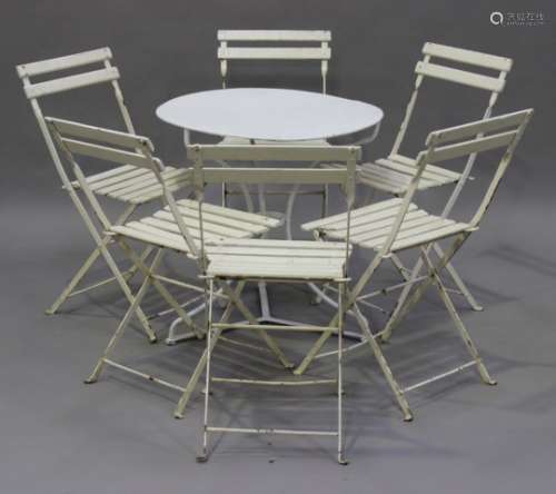 A set of six early 20th century cream painted slatted wood and wrought metal folding tennis