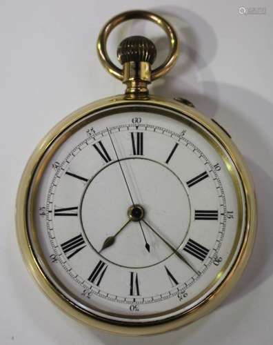 A gilt metal cased keyless wind open-faced centre-stop-seconds gentleman's pocket watch, the gilt