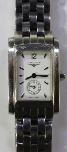 A Longines quartz steel cased lady's bracelet wristwatch, the signed silvered rectangular dial