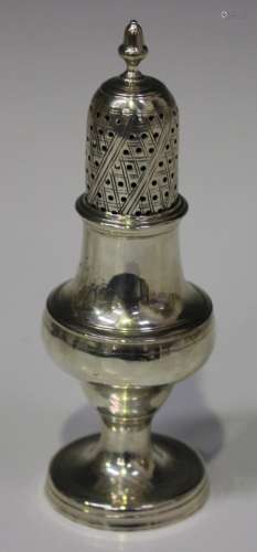A George III silver caster of baluster form with pierced and engraved dome cover, London 1781 by