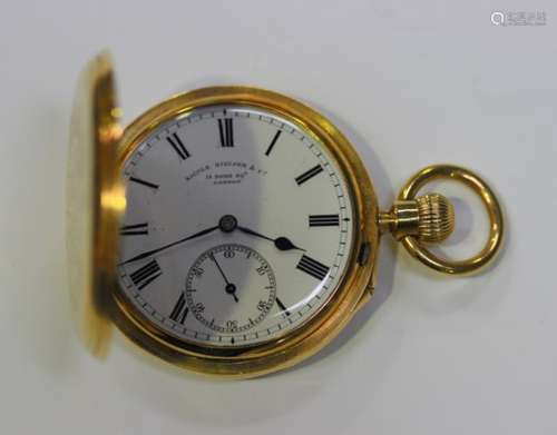 An 18ct gold keyless wind hunting cased gentleman's pocket watch, the gilt jewelled movement