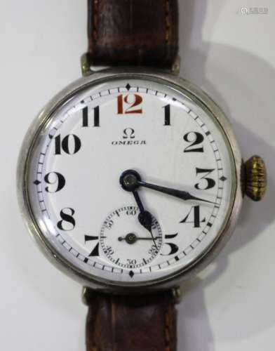 An Omega silver circular cased gentleman's wristwatch, circa 1912, the signed jewelled movement