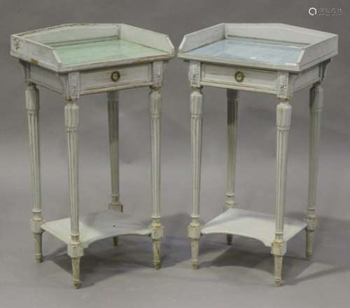 A pair of 20th century French grey painted bedside or lamp tables, each fitted with a drawer and
