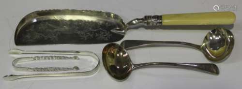 A Victorian silver crumb scoop, engraved with a bird amongst foliage, with an ivory handle, London