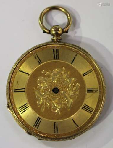 An 18ct gold and enamelled fob watch, the cylinder movement detailed 'Stauffer Geneve', gold inner