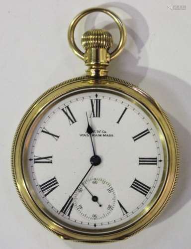 An American gold cased keyless wind open-faced gentleman's pocket watch, the movement detailed 'AM