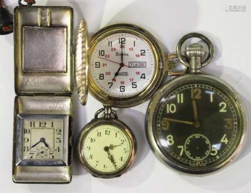 A WWII issue open-faced pocket watch with jewelled movement, the black dial with Arabic numerals and