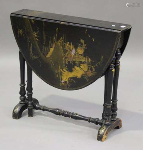 An early 20th century black chinoiserie oval Sutherland table, the top gilt decorated with landscape