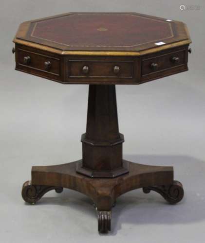 A William IV mahogany octagonal drum-top centre table, the top inset with a gilt-tooled red