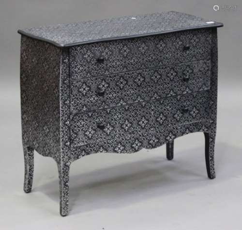A modern metal embossed chest of three long drawers, on cabriole legs, height 79cm, width 88cm,