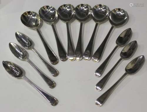 A set of six Elizabeth II silver Old English Thread pattern soup spoons and six matching