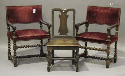 A pair of 19th century walnut elbow chairs with claret velvet seats and backs, height 91cm, width