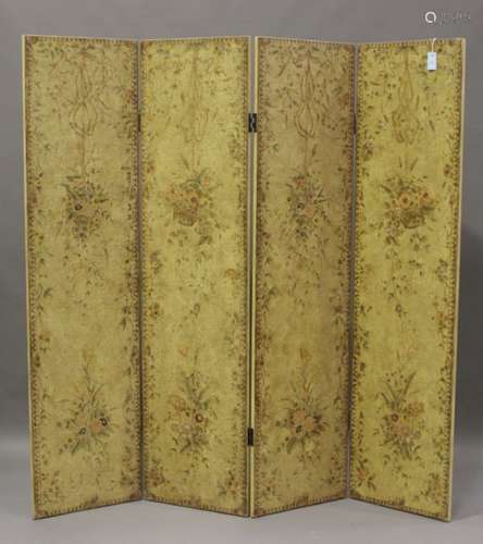 A mid-20th century floral painted four-fold dressing screen, height 199cm, width 206cm.Buyer’s