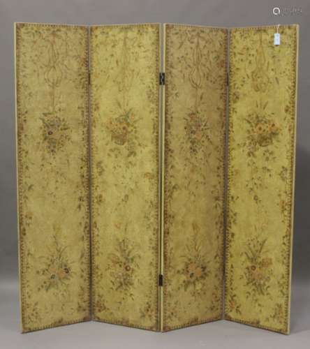 A mid-20th century floral painted four-fold dressing screen, height 199cm, width 206cm.Buyer’s