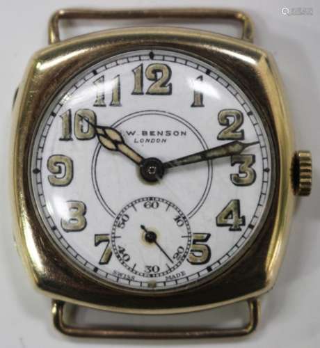 A J.W Benson London 9ct gold cushion cased gentleman's wristwatch, the Swiss jewelled movement